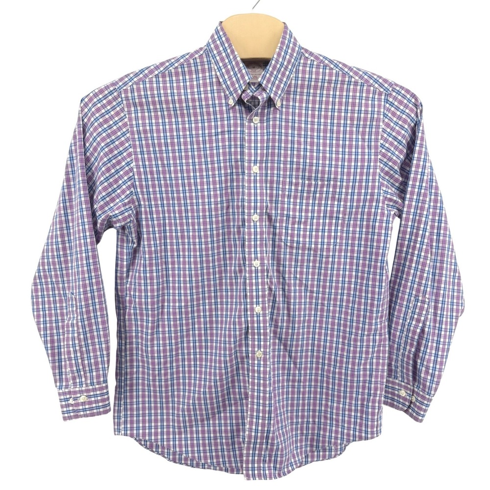 Brooks Brothers 346 Men Medium Pre-Owned Shirt Purple Blue Plaid Non-Iron Cotton
